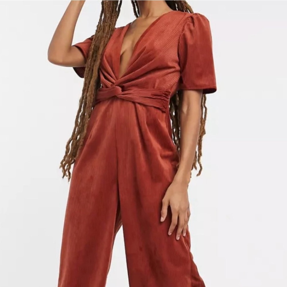 ASOS Design 70s Inspired Corduroy Wide Leg Jumpsuit Size 6 Plunge Knot Front